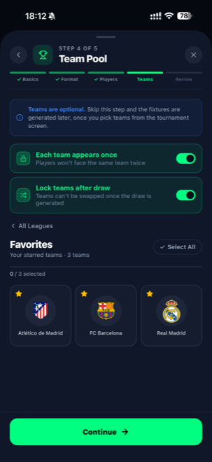 FutBoxd Team Pool step assigning real clubs like Atlético de Madrid, FC Barcelona and Real Madrid, with toggles for each team appearing once and locking teams after the draw
