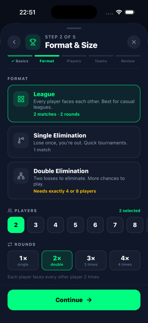 FutBoxd tournament creation, Format and Size step, choosing between League, Single Elimination and Double Elimination with player count and rounds