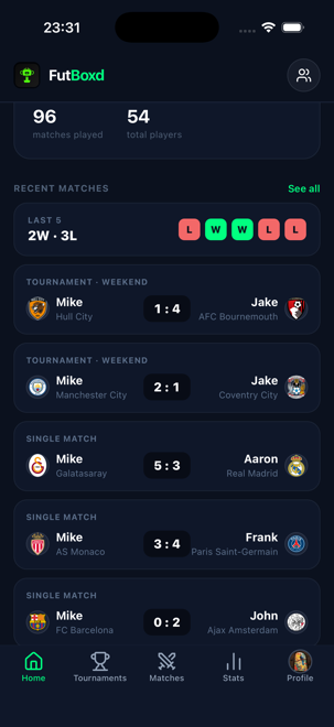 FutBoxd home feed listing recent results with real club badges — Mike 1:4 Jake, Mike 2:1 Jake, Mike 5:3 Aaron — above a last-five form strip