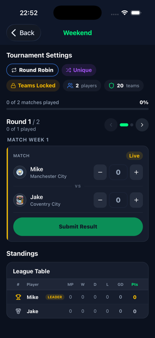 FutBoxd live match view with real club badges, plus and minus score steppers for each player, and a Submit Result button